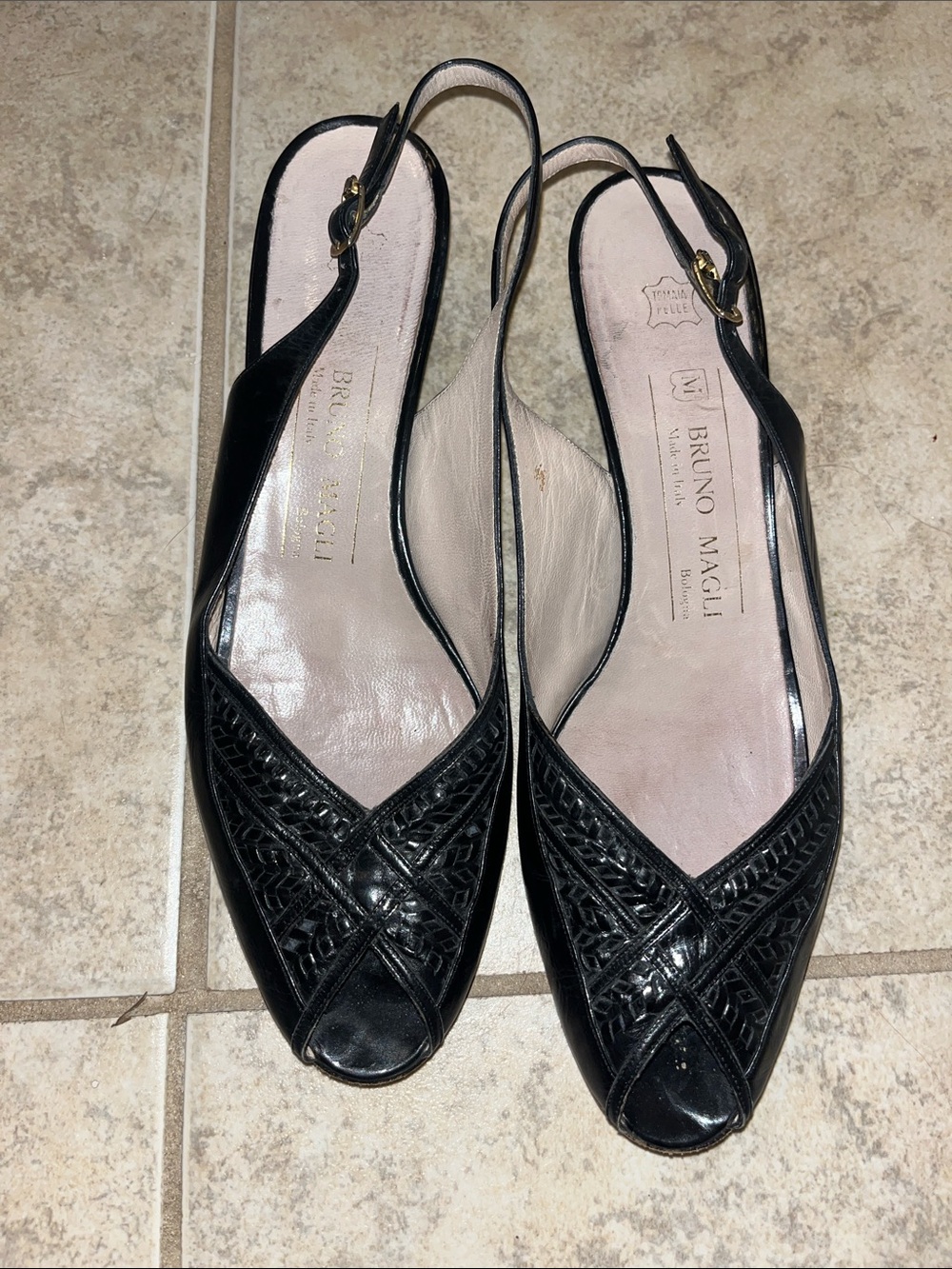 Bruno Magli Black Leather Slingback Peep-Toe Mules with Woven Detail